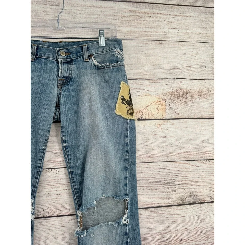 Lucky Brand Mod Madeline Jean Women 8 Blue Distressed JNCO Hatchetman Patch Y2K